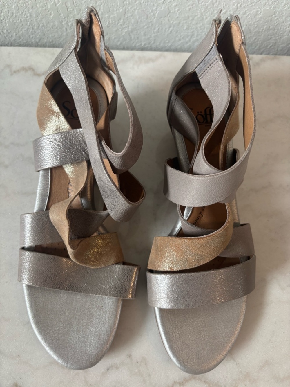 Sofft Metallic Silver Strappy Sandals with Gold Accent
